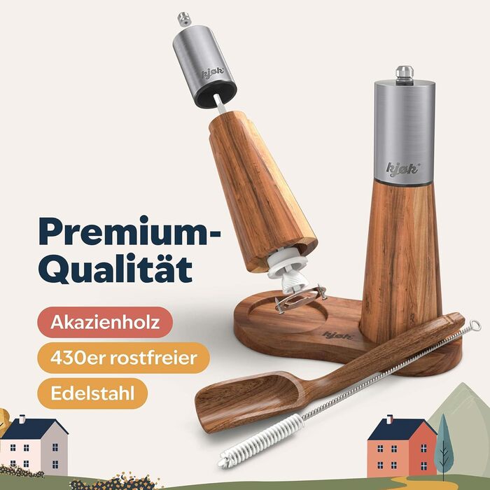 Premium Salt and Pepper Grinder, Stainless Steel and Solid Acacia Wood with Coaster, Cleaning Brush, and Funnel - Wooden Grinder Set with Ceramic Grinder - Salt and Pepper Grinder Set
