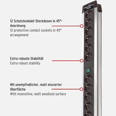 Бренненштуль Розподільник розеток Premium-Alu Line 12 розеток з алюмінію, 2 вимикачі, 3м кабель, Made in Germany