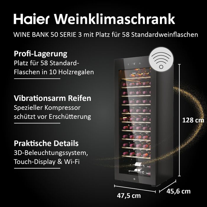 Haier 50 Series 3 Wine Refrigerator - 34 Bottle Wine Cooler with UV Glass Door, 5 Shelves, Wi-Fi & Touch Display, Vibration-Free Storage