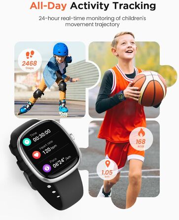 Дитячий розумний годинник для хлопчиків та дівчаток, фітнес-трекер активності з 100+ спортивними режимами, крокомір, монітор серцевого ритму та сну, водонепроникність IP68, подарунок для підлітків 5-16 років, чорний
