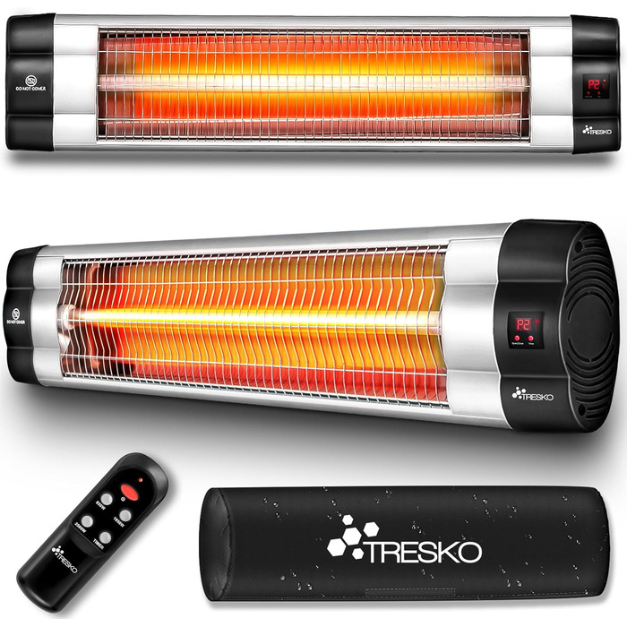 Інфрачервовий обігрівач TRESKO 2500W з пультом дистанційного керування | Тепловий струмінь для тераси, електричний, 3 режими | Тепловий струмінь для тераси, внутрішній та зовнішній | Настінний інфрачервовий обігрівач з LED-дисплеєм, кварцовий (срібний)