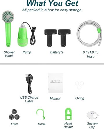 LIBERRWAY Camping Shower with Pump, Camping Shower Set with Rechargeable Battery, 2m Shower Hose Outdoor Shower for Garden Beach Camping Travel Car Washing, Mobile Shower Black (Green-2 Batteries)