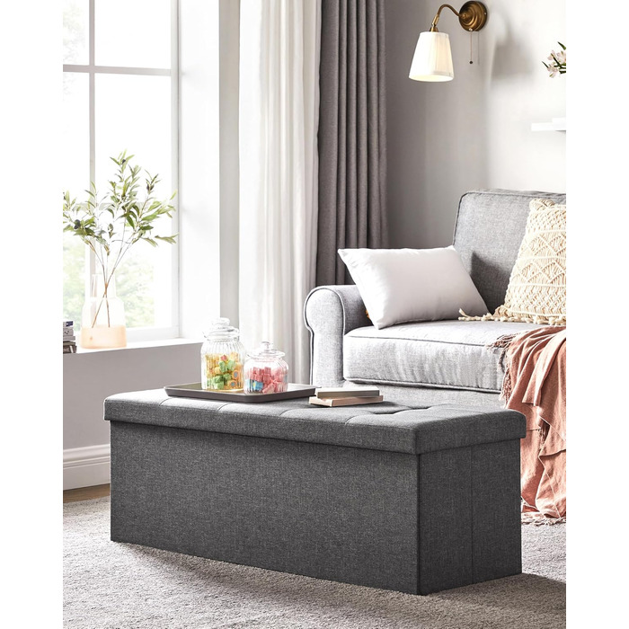 SONGMICS Storage Ottoman, Folding Bench, 38 x 110 x 38 cm Footstool, Storage Box, Load Capacity up to 300 kg, for Living Room, Bedroom, Entryway, Slate Grey LSF77K 110B cm Slate Grey