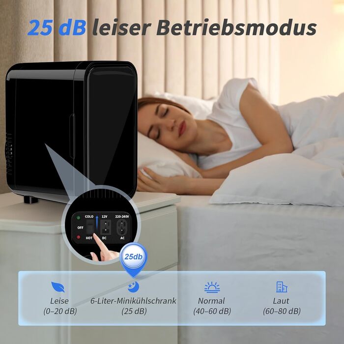 YASHE Mini Fridge - 6 Liter / 8 Can Portable Cooler - 220-240V AC/DC - Black - For Bedroom, Skincare, Drinks, Office, Dorm & Car