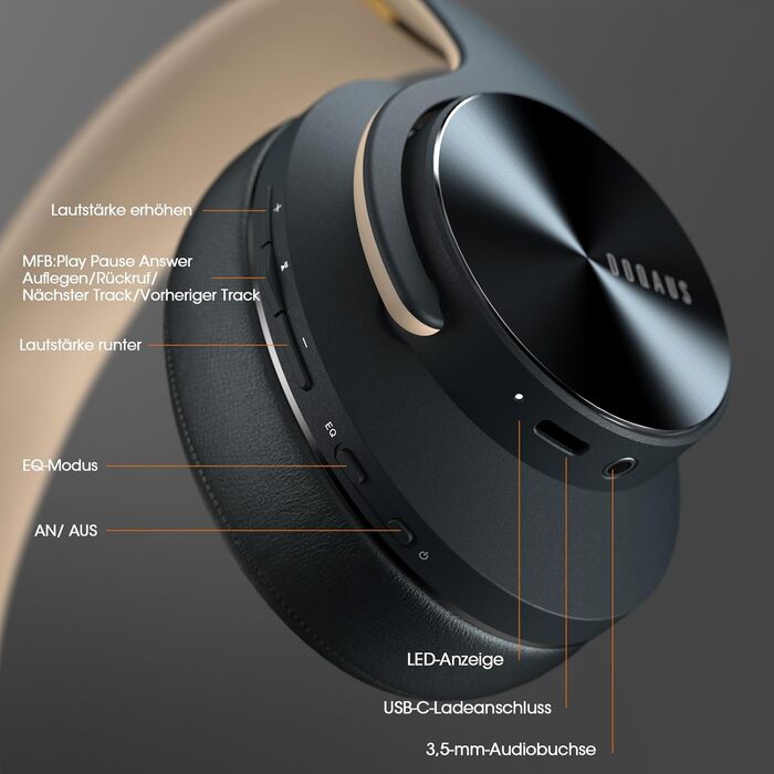 DOQAUS Bluetooth навушники Over-Ear з триманням заряду до 90 годин, 3 режими EQ, HiFi стерео, складні, з мікрофоном, м'які амбушури для подорожей/офісу/телефону/ПК/ноутбуків (Асфальтово-сірий)