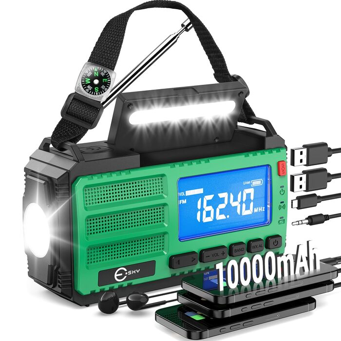 Радіоприймач Esky Kurbelradio з сонячною батареєю, 10000mAh, AM/FM, USB-зарядка, LED-ліхтарик, SOS-сигнал, компас, портативне для кемпінгу та надзвичайних ситуацій, зелений