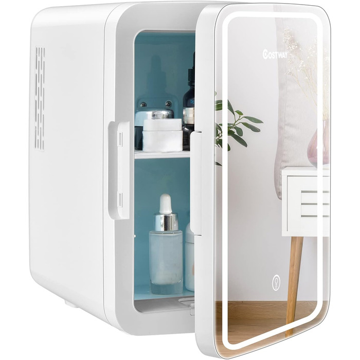 COSTWAY 10L Skincare Fridge - Mini Glass Door Fridge with Touch Screen Mirror & Cooling/Heating for Beauty & Cosmetics