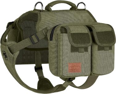 Шлейка для собак OneTigris з рюкзаком Hoppy Camper 3.0, зелена, для середніх/великих собак, рюкзак для собак з 2 основними та 4 додатковими кишенями