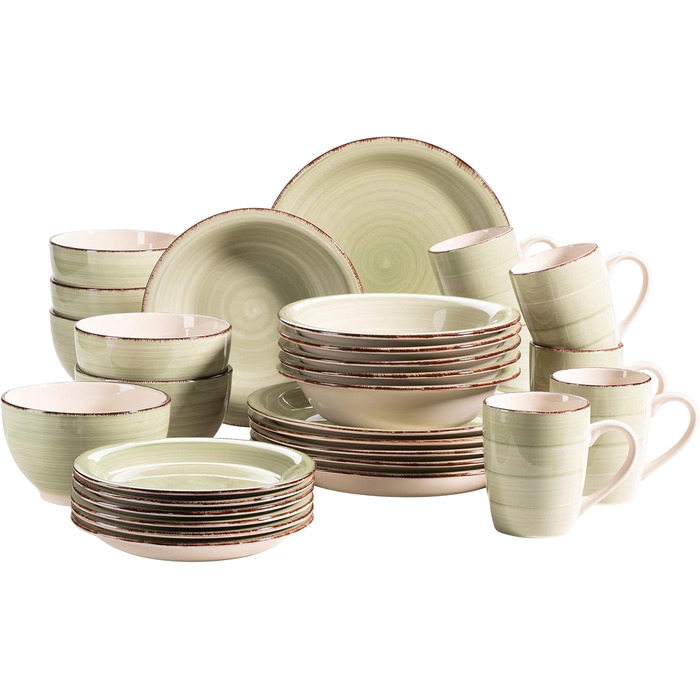 MÄSER 931616 Bel Tempo II 30-piece Vintage Dinnerware Set for 6, hand-painted ceramic combination service in green, stoneware