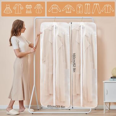 Набір мішечків для одягу GoMaihe (8 шт.) 60x100 см: для костюмів, суконь, пальто, сорочок. Захисні мішечки з прозорим віконцем та блискавкою. Білий колір.