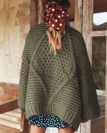 Жіночий в'язаний кардиган Cicy Bell з широкими рукавами-ліхтариками, оливковий колір