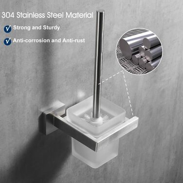Toilet Brush and Holder Wall Brush Holder, Chrome, Toilet Brush Set Toilet Brush Set Made of 304 Stainless Steel and Frosted Glass for Bathroom (Brushed Nickel)