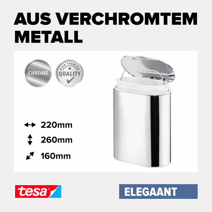 tesa ELEGAANT Cosmetic Containers, elegant design, including adhesive solution, metal, chrome-plated, guaranteed rust-free, 220mm x 260mm x 160mm