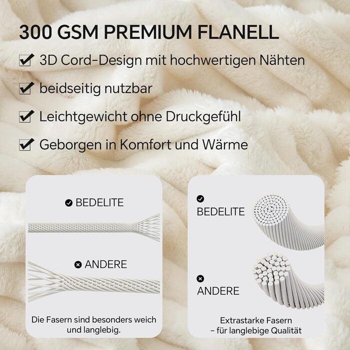М'яка ковдра BEDELITE з фланелі, 125x150 см, кремово-білий колір, для дивана та декору інтер'єру