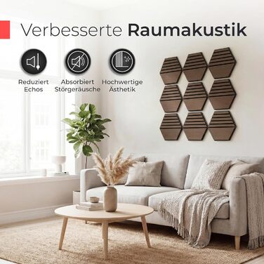 Акустичні гексагональні панелі з натурального горіха та чорного фетру, самоклеючі 3D-панелі для звукоізоляції стін, набір 9 шт (30x26 см)