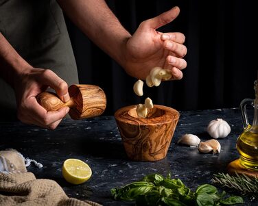 Olive Wood Mortar Set - Ø 12 cm, H 11 cm - Handmade, Ergonomic, Vintage, Eco-Friendly & Durable, Multifunctional, Decorative, Gift Idea (TH)