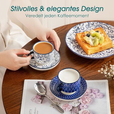 Набір чашок для еспресо Vancasso SELENE: 4 шт., з підставкою та стійкою, блакитно-білий вінтажний дизайн, порцеляна, для кави, капучино, лате та чаю