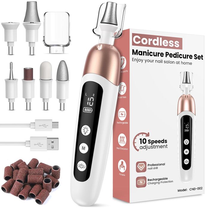 Електричний фрезер для манікюру та педикюру з 6 насадками, 10 швидкостей, LED-підсвічуванням, акумуляторний, для догляду за нігтями