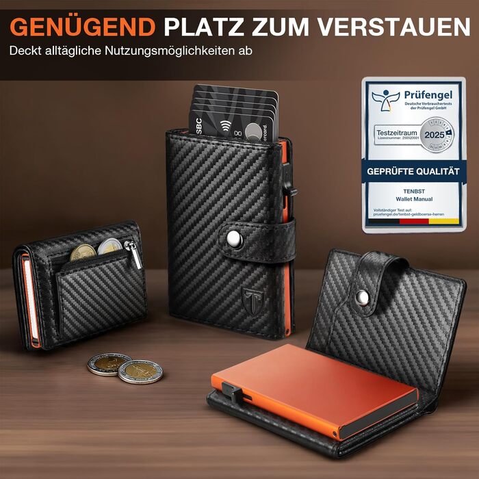 Чоловічий гаманець TENBST з відділом для монет та RFID захистом, Slim Wallet, картхолдер, гаманець-картхолдер, 10 відділень для карток - чорний & оранжевий
