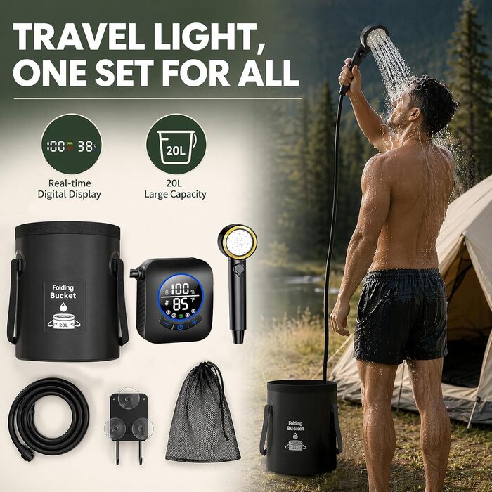 Camping Dusche 2026: Портативний душ для кемпінгу з акумулятором, 6000mAh, 3 режими, 5 галонів, складаний водостік для подорожей та походів