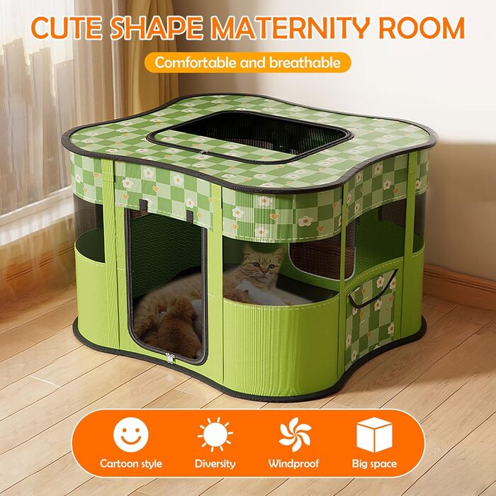 Портативний вольєр для цуценят ALLSOPETS: складаний загін для котів та собак, переносна клітка-будка з боковою кишенею (зелений, L)