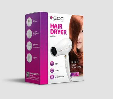 Фен ECG Vv 2200: 2 режими потужності, 3 температурні режими, іонізація, LED-дисплей, захист від перегріву, білий та золотий