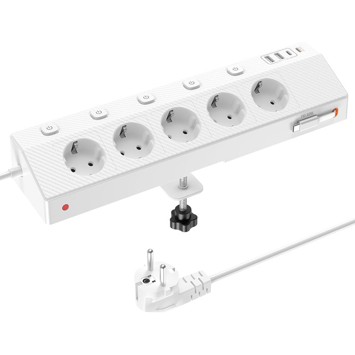 Мережевий адаптер PASSUS 5-fach з 2 USB-C (PD 30W), захист від перенапруги, індивідуальне вмикання, 10-в-1, кабель 2м, чорний