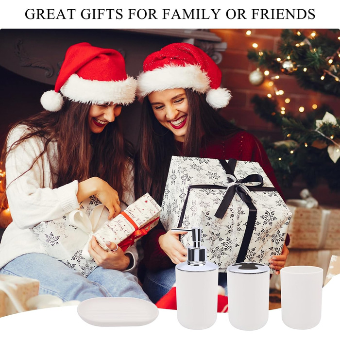 Набір аксесуарів для ванної кімнати (4 шт) з пластику: тримач для зубних щіток, стаканчик, дозатор мила, мильниця. Білий колір