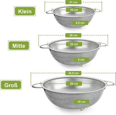 Ніж Sieb Homikit, нержавіюча сталь, сито для макаронів з ручками, мікроперфороване Ø, сито для стікання/миття/проціджування/миття, нержавіюче, здорове та придатне для миття в посудомийній машині (3, 28+22+16 см)