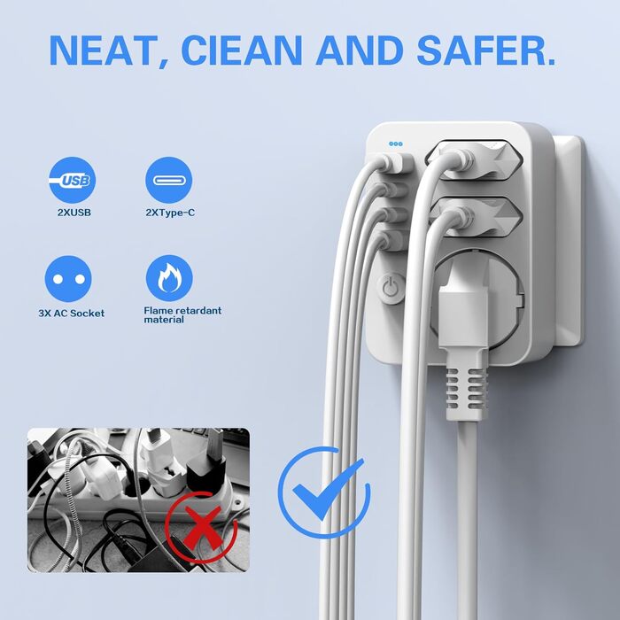 Мережевий адаптер з USB, 4 USB порти (2xA + C), 3.4A, LED, вимикач, компактний для дому та подорожей