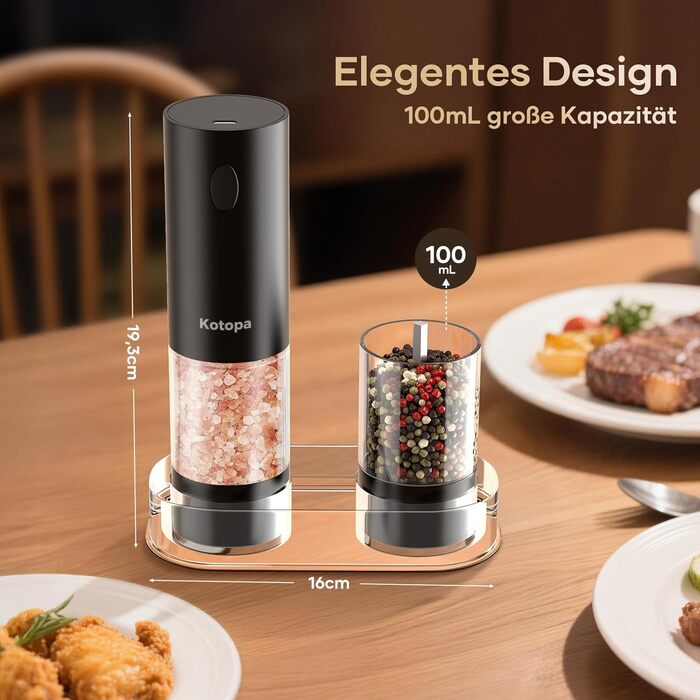 Електричні мельниці для солі та перцю 2 шт. (чорні) з регулюванням помелу, LED-підсвіткою та ємністю 100 мл