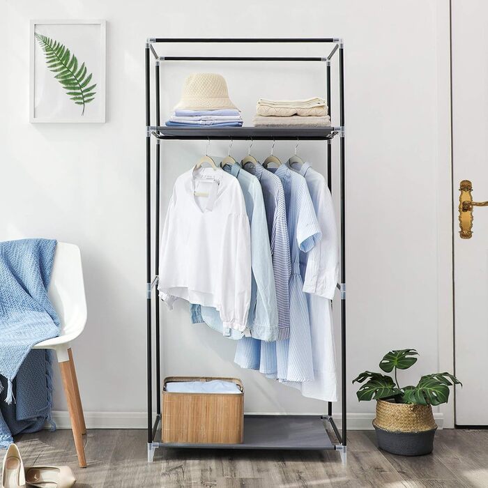 SONGMICS Fabric Clothes Closet, Foldable, with Clothes Rod, Simple Clothes Rack, Toy, Shoe, Bag Organizer, Living Room, Bedroom, Wardrobe, 75 x 45 x 160 cm, Grey