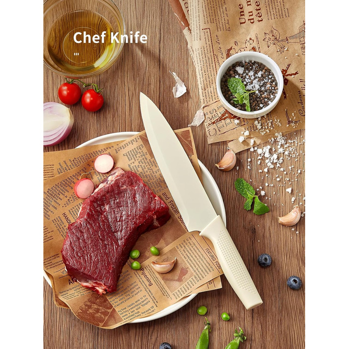 Набір кухонних ножів Yabano, 7 предметів: ніж кухарський, ніж для хліба, ніж для овочів, ніж для м'яса, ніж для чистки, ніж для стейка, ніж для овочів з інтегрованим точилом та пластиковим блоком (білий)