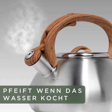 WALDWERK Water Kettle (2.3L) - Water kettle for induction and gas hob - Teapot with wood-look handle - Whistling kettle with whistle, stainless steel & plastic