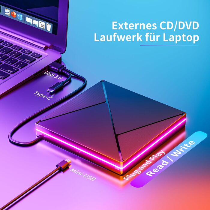 Зовнішній CD/DVD привід USB 3.0 та USB-C, оптичний накопичувач CD/DVD +/-RW ROM Brenner з RGB підсвіткою для ноутбука, ПК, MacBook, Windows та MacOS