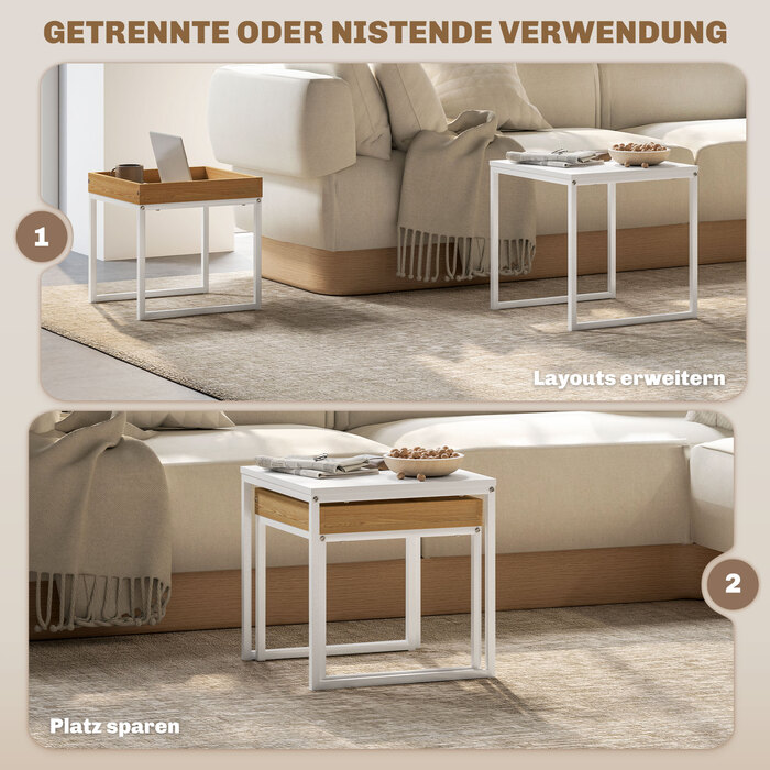 HOMCOM 2-Piece Couch Table Set, Square Side Table, Coffee Table with Steel Frame, Sofa Table in Modern Design, for Living Room, Holds up to 30 kg, White+Oak | Aosom