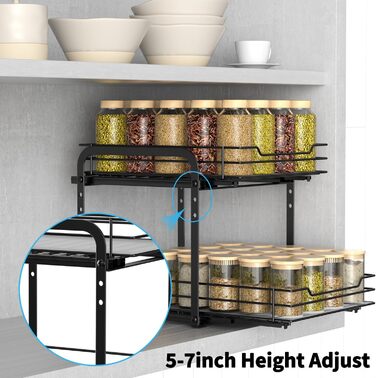 AIRUJIA Pull-Out Spice Rack, 2-Tier Dish Cabinet Organizer, Spice Rack Cabinet, Spice Rack, Lift-Up Bathroom Sink Shelf, Spice Organizer for Kitchen, L26.4*W23.2*H23CM