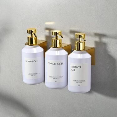 Набір з 3 сеппенсерів для кріплення на стіну, 500 мл, дозатор для шампуню/гелю для душу, чорний, без свердління, для кухні та ванної кімнати (біла пляшка + золотий дозатор)