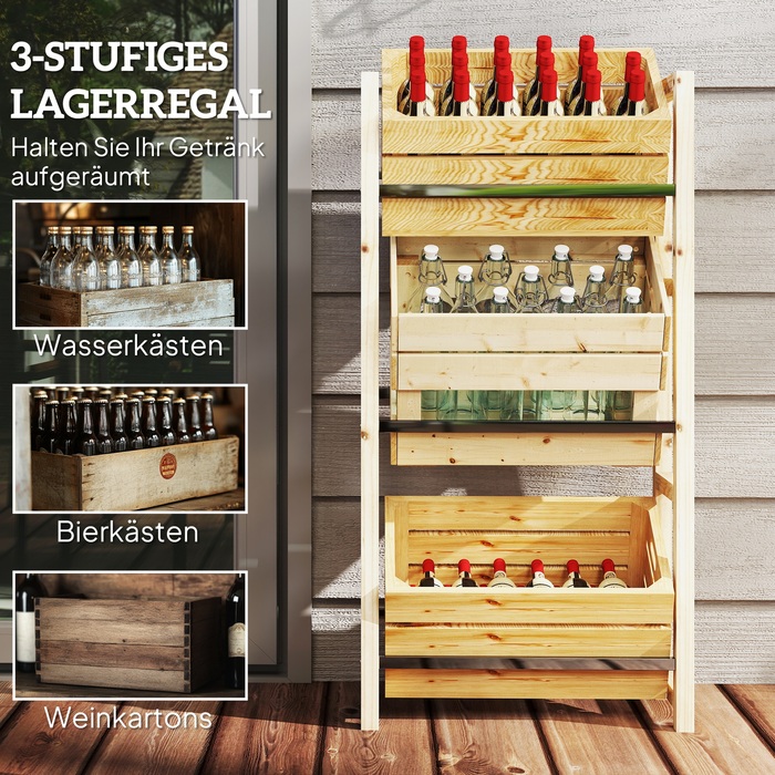 Outsunny Beverage Crate Shelf for 3 Beverage Crates, Wooden Crate Shelf with 3 Tiers, Freestanding Beverage Crate Holder, Holds 150kg, Crate Stand for Beer, Water, 56 x 32 x 112 cm Natural Wood | Aosom