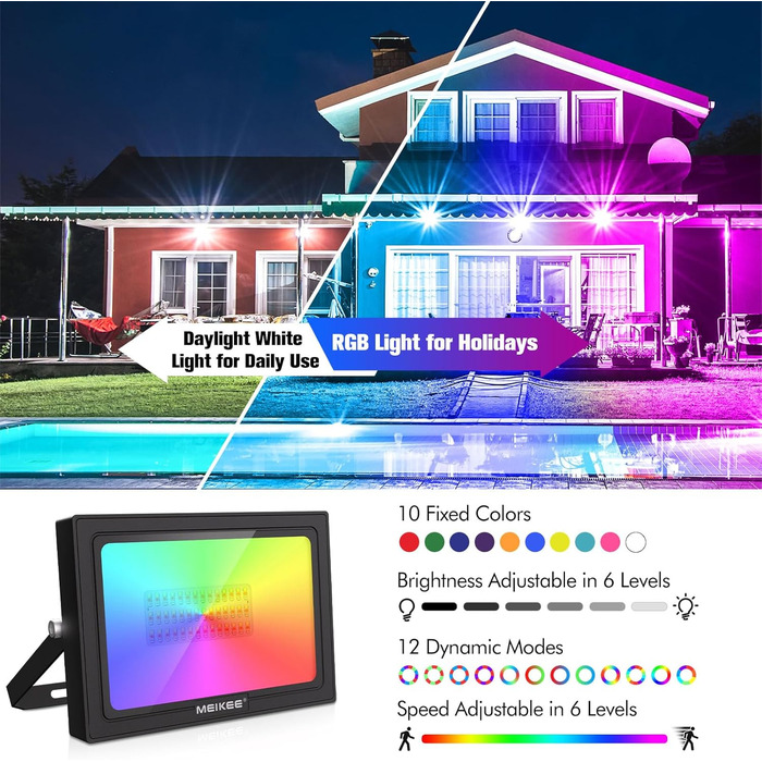 MEIKEE 60W RGB Floodlight with Remote Control, 30 Modes, 10 Colors, Timer, RGB Floodlight, IP66 Waterproof, 6 Brightness Levels, Spotlight, Colorful, Christmas, Halloween, Party, LED Floodlight, Decorative, 2 Pieces (1pc)