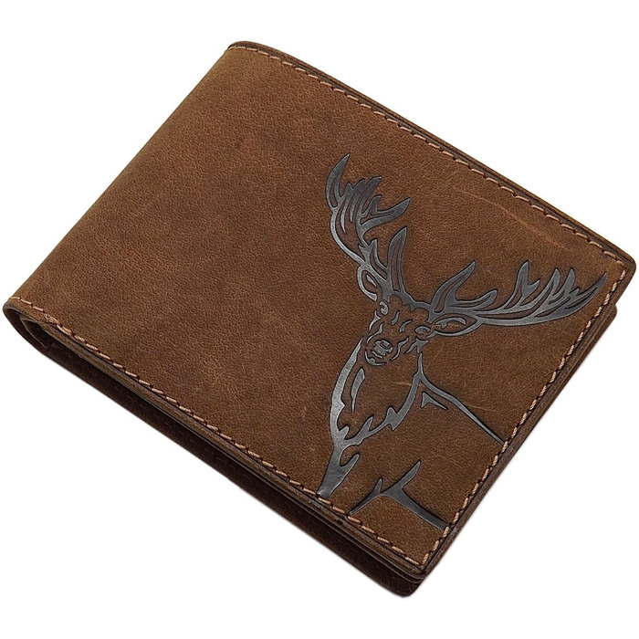 myledershop Genuine Buffalo Leather Wallet/Bifold/Cardholder/Money Clip in Portrait or Landscape Orientation with Deer Motif and RFID & NFC Protection