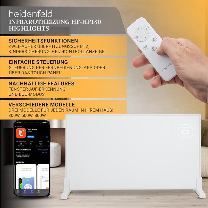 Heidenfeld Infrared Heater HF-HP140 | 300 Watts up to 10 m² | 3-in-1 Control via App | Remote Control | Touch Panel | Mobile Electric Heater | Infrared Heater with Thermostat (HF-HP140 300 Watts)