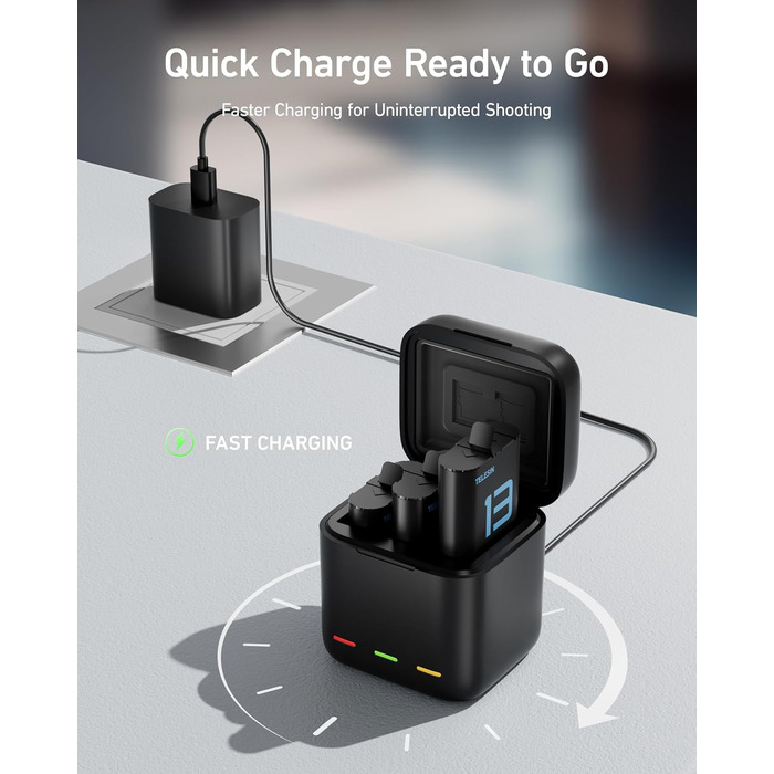 Акумулятори TELESIN 2 шт. з зарядним пристроєм для GoPro Hero 13 Black, сумісні з оригінальними акумуляторами, тризарядний USB-чохол з Type-C кабелем, акумуляторна сумка для Go Pro 13 Black