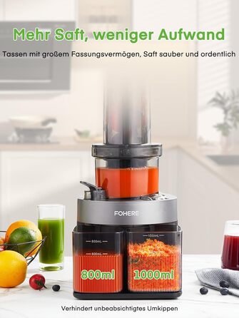 FOHERE Slow Juicer, Vegetable and Fruit Extractor, 119MM Opening, Electric Cold Press with Quiet 200 Watt Motor, Easy to Clean with Double-Layer Filter and Reverse Function