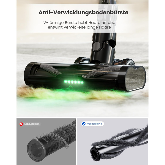 Бездротовий пилосос Proscenic P13: акумуляторний, 45KPa, 550W, 45 хв, з сенсорним екраном, зелене підсвічування, зарядний блок для стіни, анти-намотування, для килимів, твердих поверхонь, автомобіля, шерсті тварин (сірий)