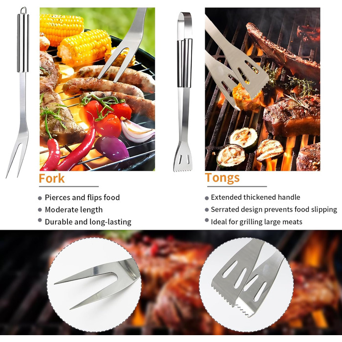 Набір гриль-посуду 11 предметів, 34 см, нержавіюча сталь, аксесуари для гриля: щипці, виделка, переносна сумка, практичний багатофункціональний набір для барбекю, подарунок для чоловіків, сріблястий