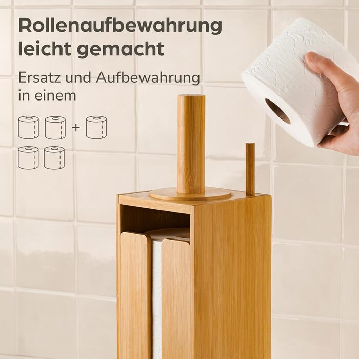 Підставка для туалетного паперу з бамбука Praknu - тримач на 4 рулони з кришкою на магніті, FSC-дерево, економія місця, антиковзаюча