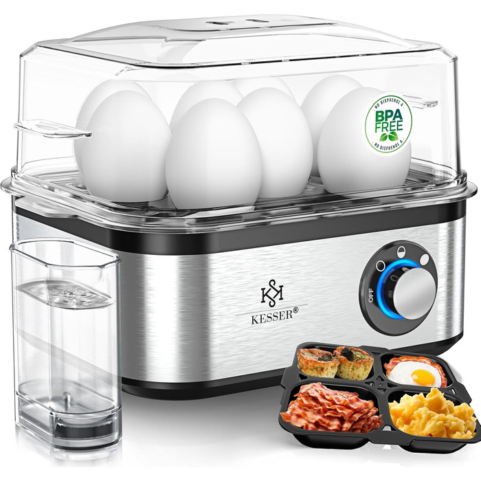 Електричний яйцеварка KESSER® на 1-8 яєць з нержавіючої сталі, 500W, функція підігріву, LED-регулятор, 3 ступені нагріву, BPA-Free, придатний для миття в посудомийній машині, мірна склянка, утримувачі для яєць та форма для омлету, срібно-чорний/срібний