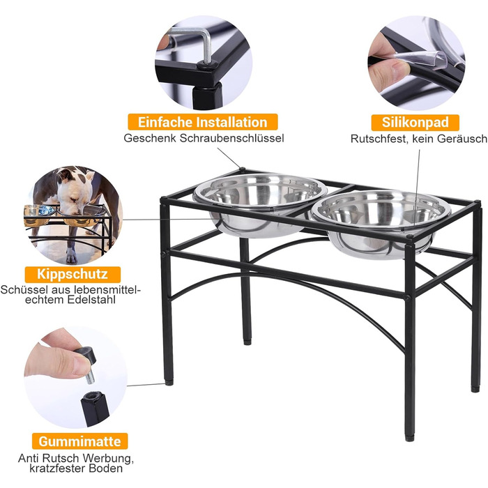 Підставка для мисок для собак маленьких, середніх та великих порід з 2 нержавіючих мисок, стабільна станція для годування, неслизька підставка для мисок для води та корму, годівниця для собак (S)
