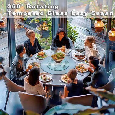 Roninkier Turntable for Tabletop, 50cm Large Round Clear Dining Table Rotating Tray Serving Platter with 6 Swivel Wheels, Heavy Duty Tempered Glass Centerpiece Lazy Susan